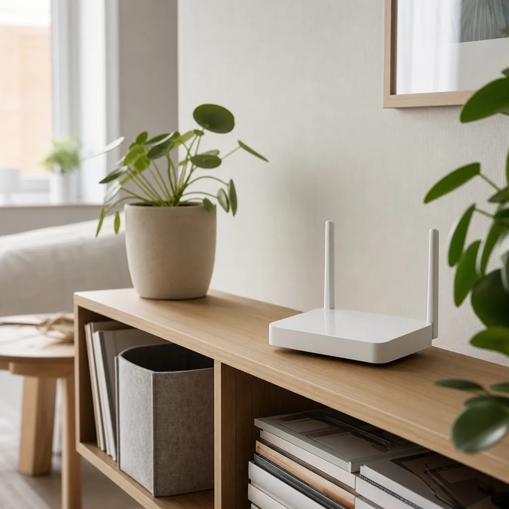 Vit 5G-router på en trähylla i ett ljust svenskt hem