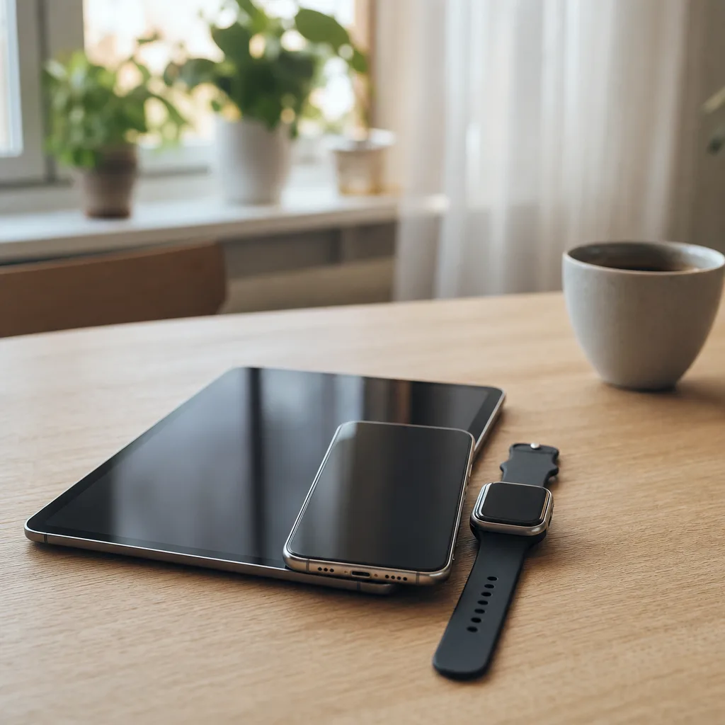 Telefon, surfplatta och smartklocka på ett köksbord – enheter som delar surf via extra SIM-kort.