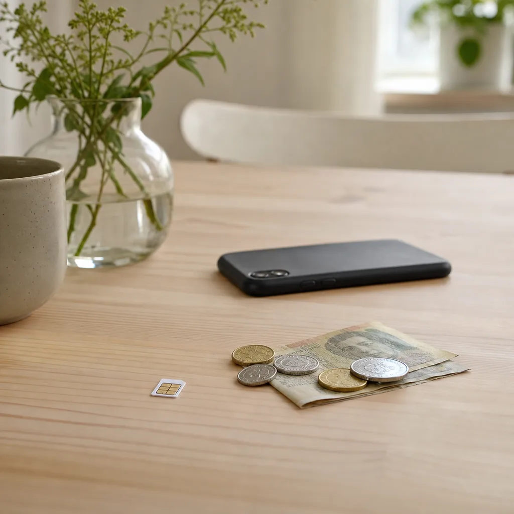 Förbetalt SIM-kort och kontanter på ett köksbord, symbol för kontantkort utan månadsavgift