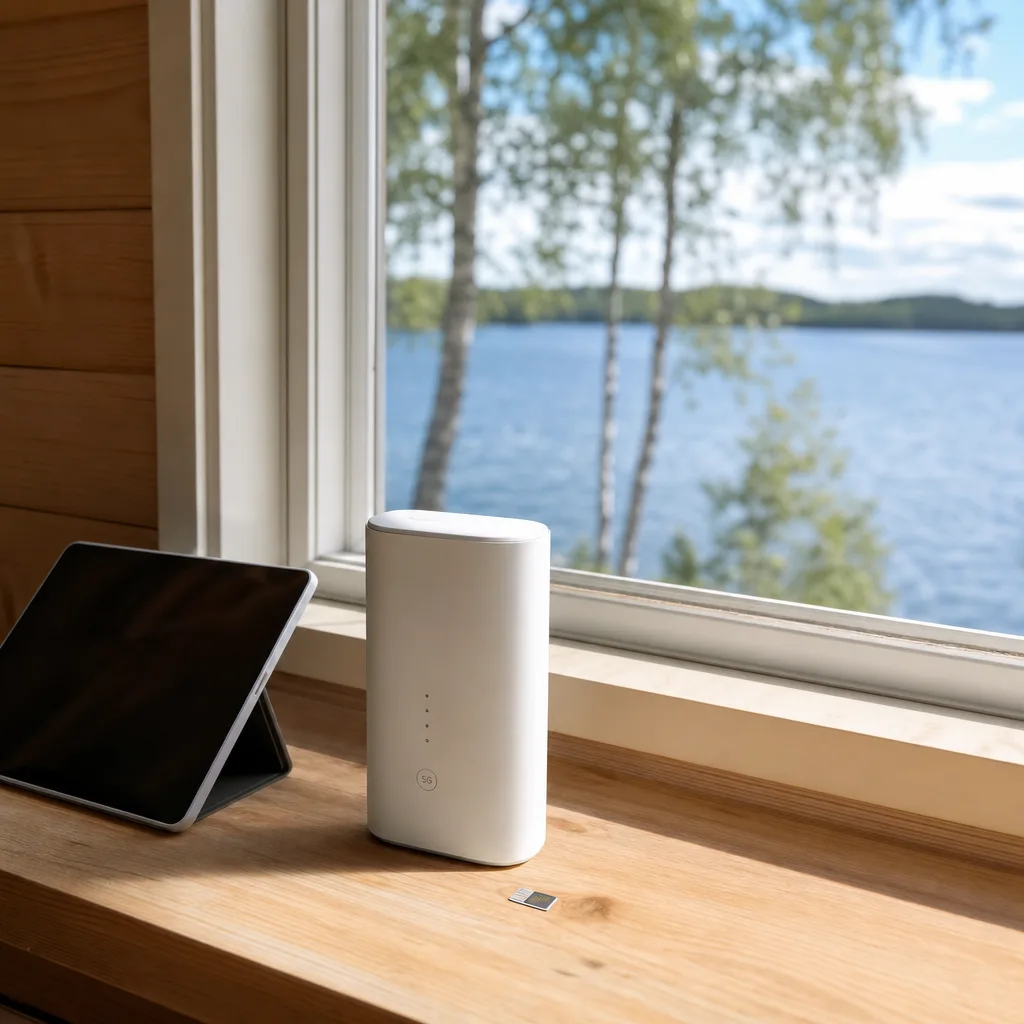 5G-router med datasim i en svensk sommarstuga med utsikt mot sjö