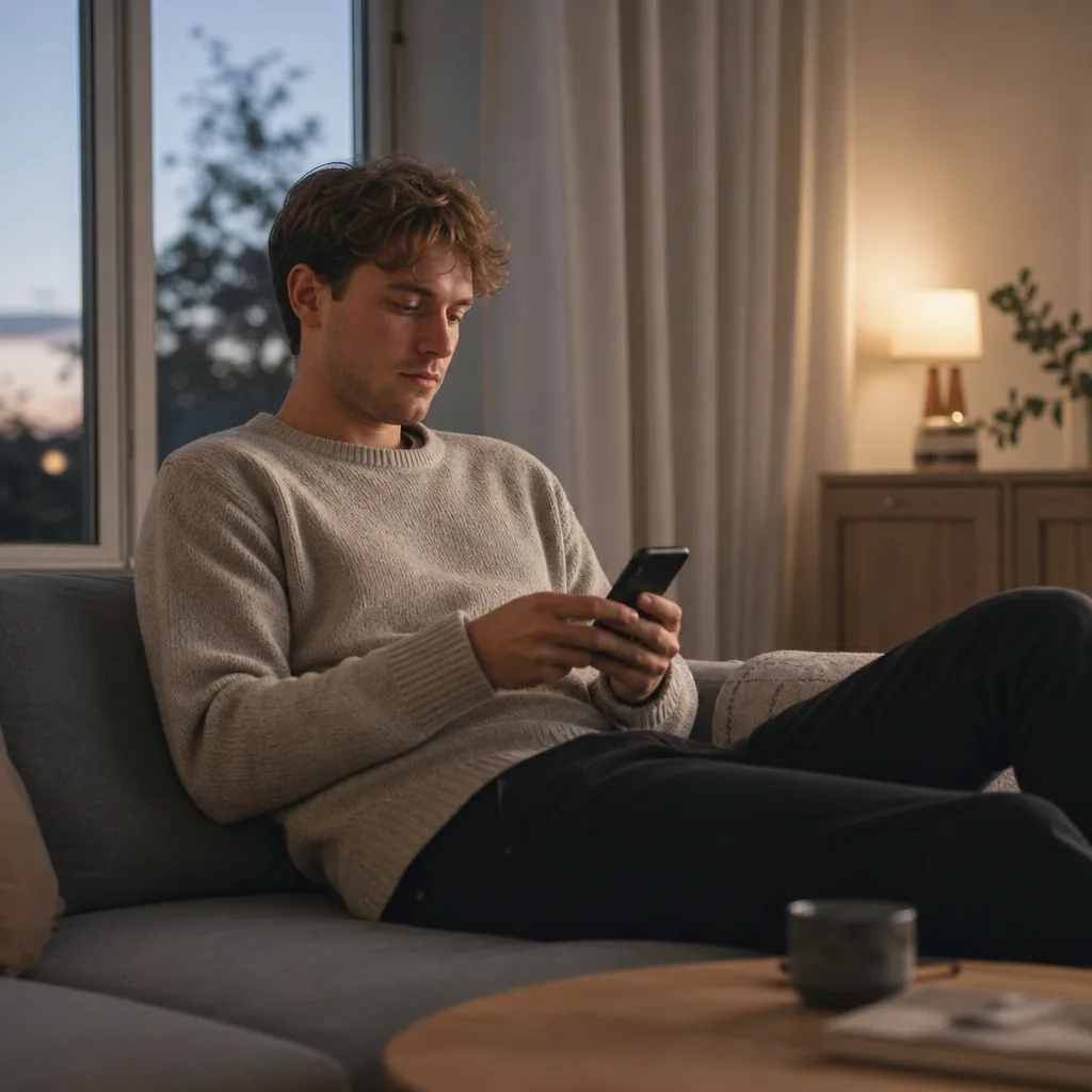 Ung vuxen använder mobilen avslappnat i en soffa